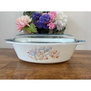 Vintage Pyrex Blue Iris 48 Oz Casserole Dish With Glass Lid Milk Glass Bakeware